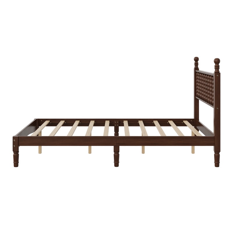 Mid-Century Modern Full Size Wood Platform Bed with Gourd Shaped Headboard, Retro Style Low Profile Bed Frame with Slats Support