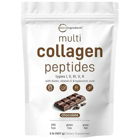 Proteína de colágeno múltiple en polvo, 2 libras – Tipo I,II,III,V,X con biotina, ácido hialurónico, vitamina C – Péptidos de colágeno con sabor a chocolate – Apto para ceto y paleo, fácil disolución,
