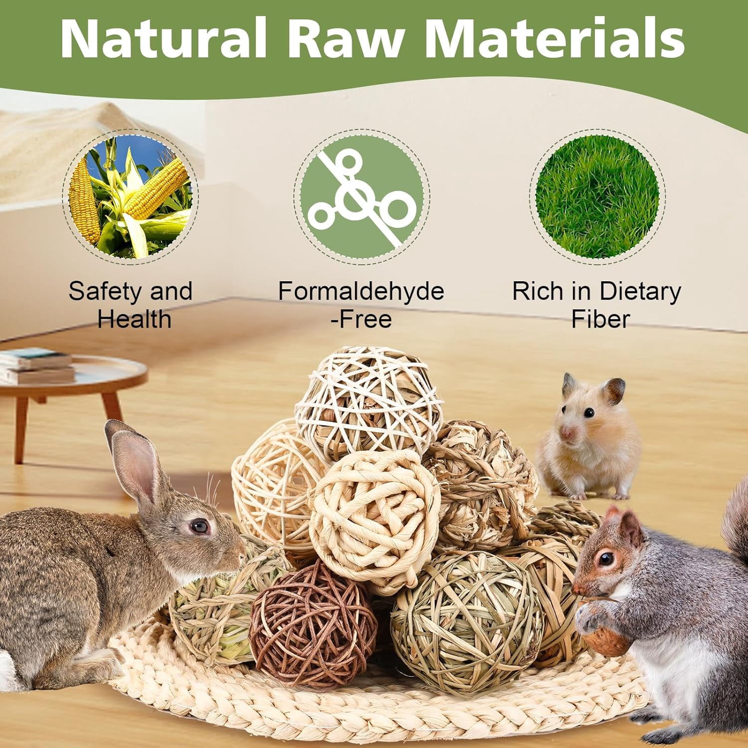 Bunny Chew Grass Balls, Rolling Chew Toys for Small Animals, Improving Dental Health, Natural Chew Grass Toys for Rabbits, Guinea Pigs, Chinchillas, Hamsters, Mice (16 Pcs)