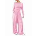 thumbnail image 3 of Women'S 2 Piece Matching Lounge Set Long Sleeve Boat Neck Top Wide Leg Pants Casual Sweatsuit Pink S, 3 of 9