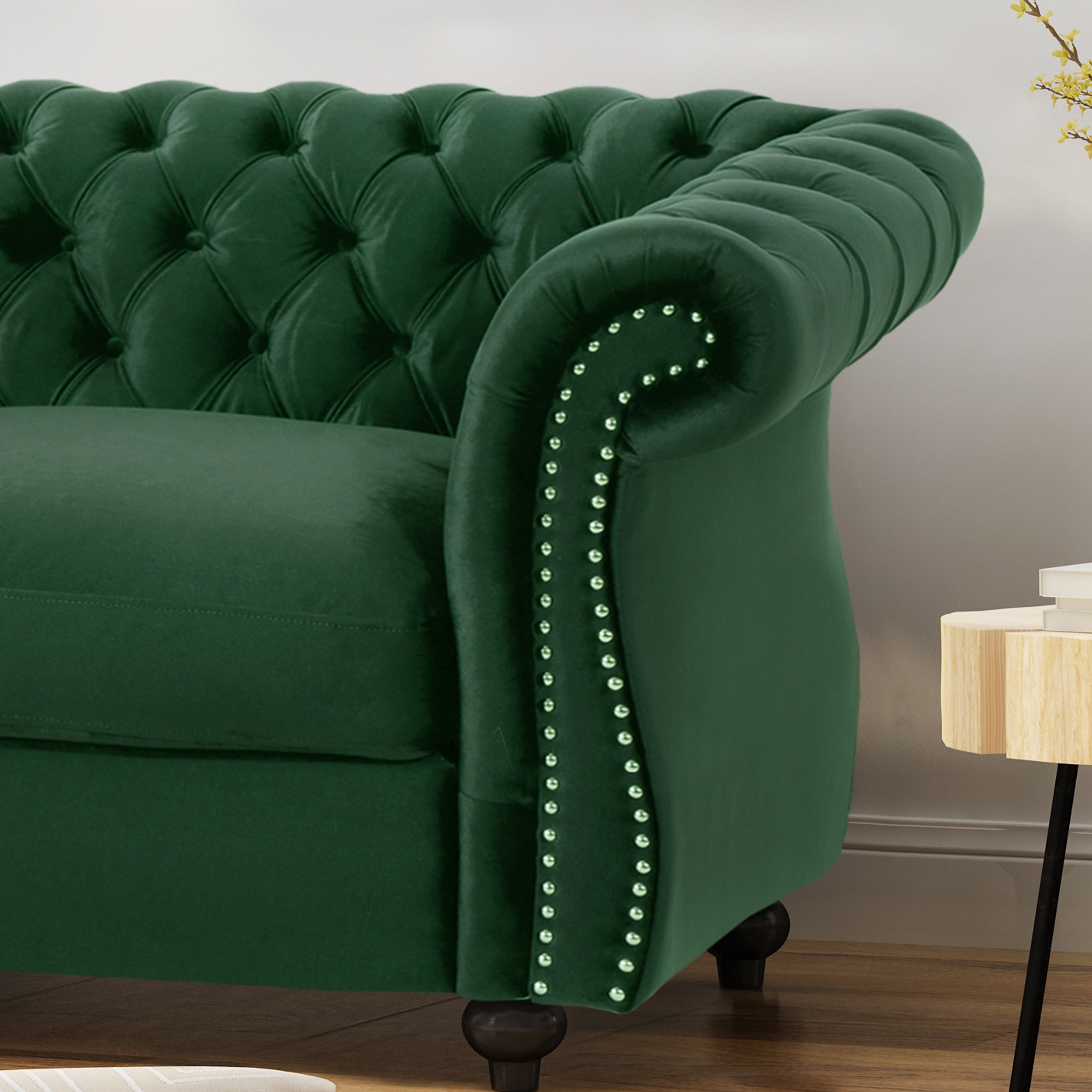 GDF Studio Karen Traditional Chesterfield New Velvet Loveseat Sofa, Emerald and Espresso