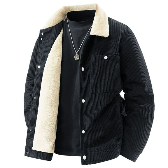 NTACZA Black Mens Jackets Sherpa Lined Corduroy Work Trucker Jacket Thick Button Down Outerwear Coats for Man L