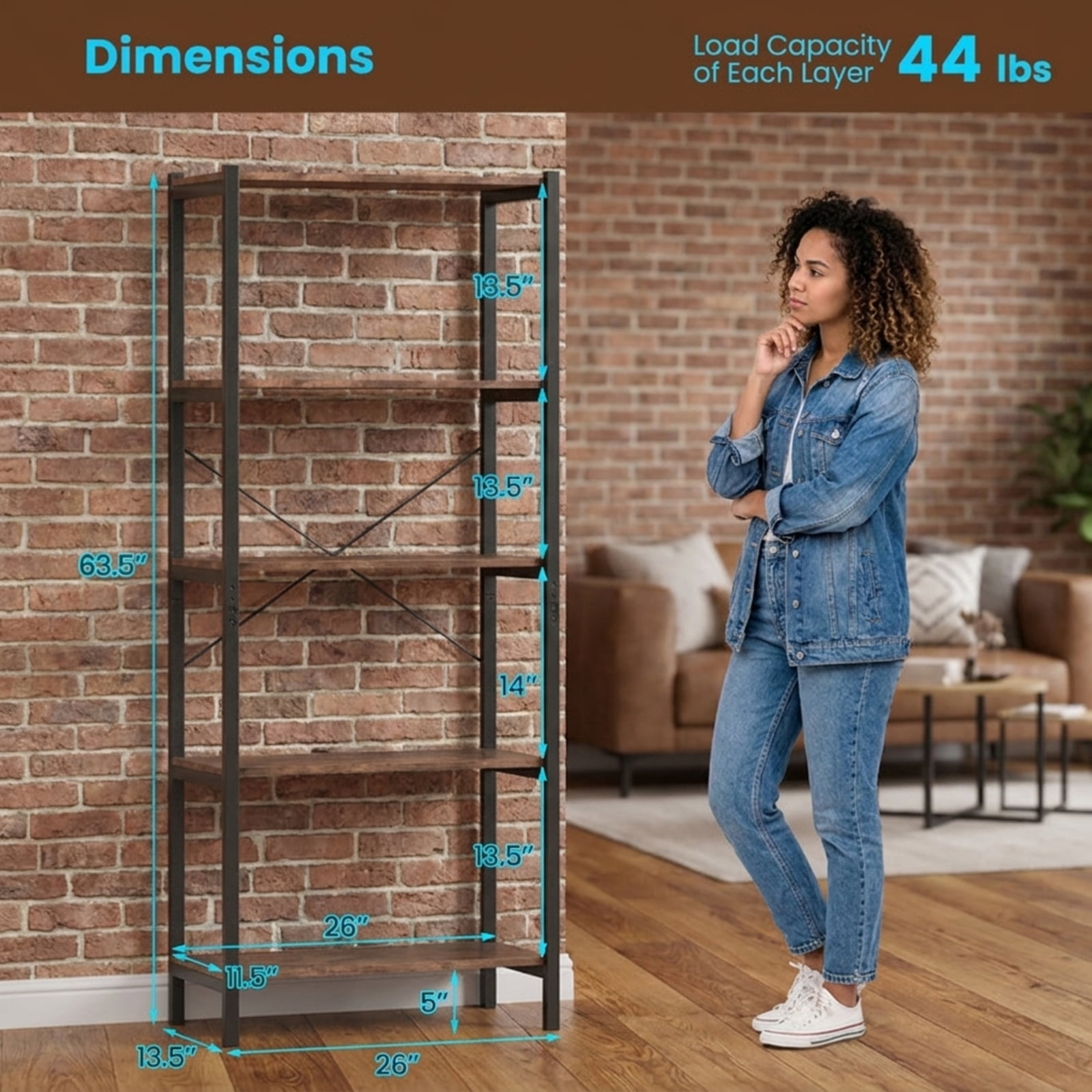 Furnibear Multipurpose Open Bookcase Industrial Rack Wide Standing Storage Shelf for Living Room Home Office Bedroom Display Storage Shelf, Brown