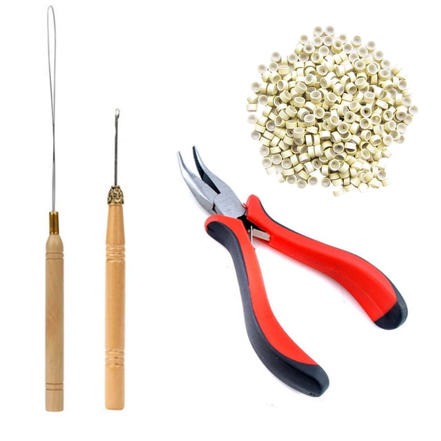 Vogacara Cortadora de pelo resistente al desgaste, gancho de ganchillo con mango de madera, Kit de alicates, hebilla de silicona portátil, cuentas de Cuidado del cabello 500 anillos beige Vogacara CE011777-02