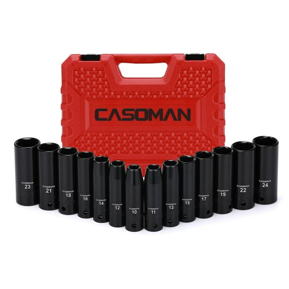 CASOMAN 14-Piece 1/2-inch Drive Deep Impact Socket Set, 10mm-24mm, 6-Point, Metric, Cr-V
