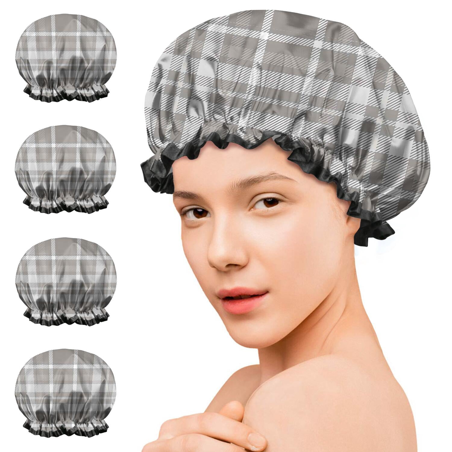 Shower Caps,Gray White Plaid Checkered Pattern Waterproof Shower Cap for Women 4 Pieces,Double Reusable Hair Cover for Shower PEVA Elastic Stretch Hem