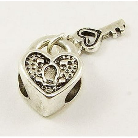 - silver plated metal bead heart lock and key