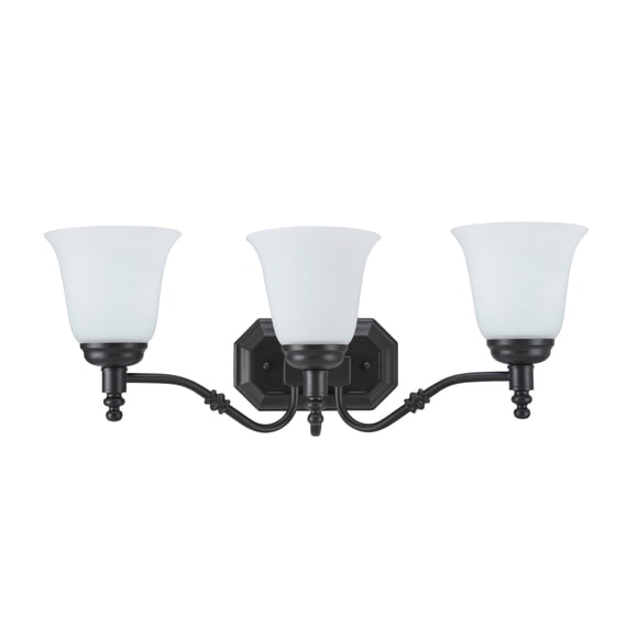 Aspen Creative 62022-1 Lámpara de pared para tocador de baño de metal con tres luces, 23 pulgadas de ancho, diseño transicional en bronce aceitado con pantalla de vidrio esmerilado