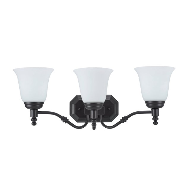 Aspen Creative 62022-1 Lámpara de pared para tocador de baño de metal con tres luces, 23 pulgadas de ancho, diseño transicional en bronce aceitado con pantalla de vidrio esmerilado