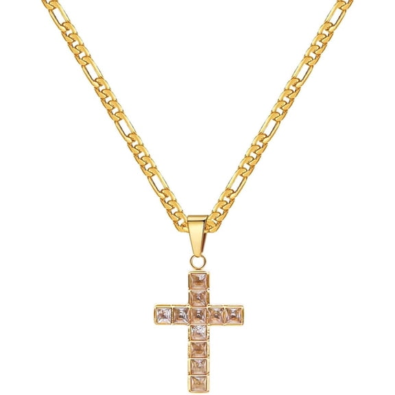 Figaro Quality Chain Cross Necklace For Men Women Stainless Steel Gold Silver Black Zirconia Cross Pendant Necklace 20inch Chain 3mm/4mm/5mm Non Tarnish Christian Jewelry Easter Gift[g822]