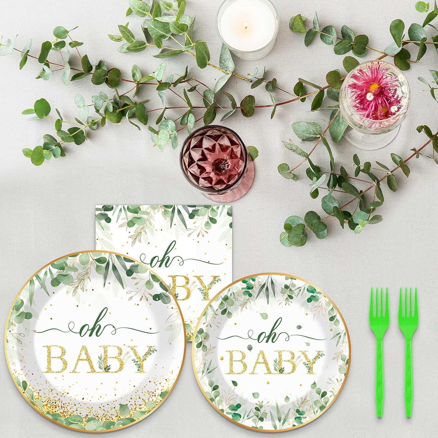 GFDYREE 96 Pieces Sage Greenery Oh Baby Shower Party Supplies Boho Tableware Set Baby Shower Decorations Eucalyptus Leaf Theme Dessert Plates Napkins Forks for 24 Guests Boy Girl Birthday Pa Walmart.c...