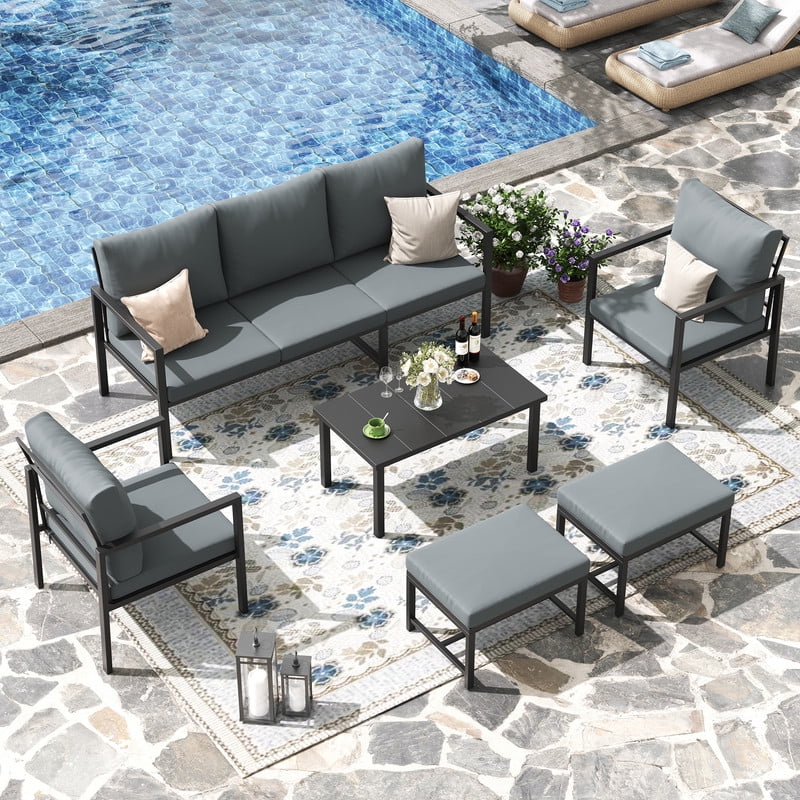 MRUAKA 6-Piece Outdoor Patio Conversation Set, Metal Frame Furniture Sofa with Armchairs & Coffee Table, Weather-Resistant Cushions for Balcony, Deck, Poolside Gray