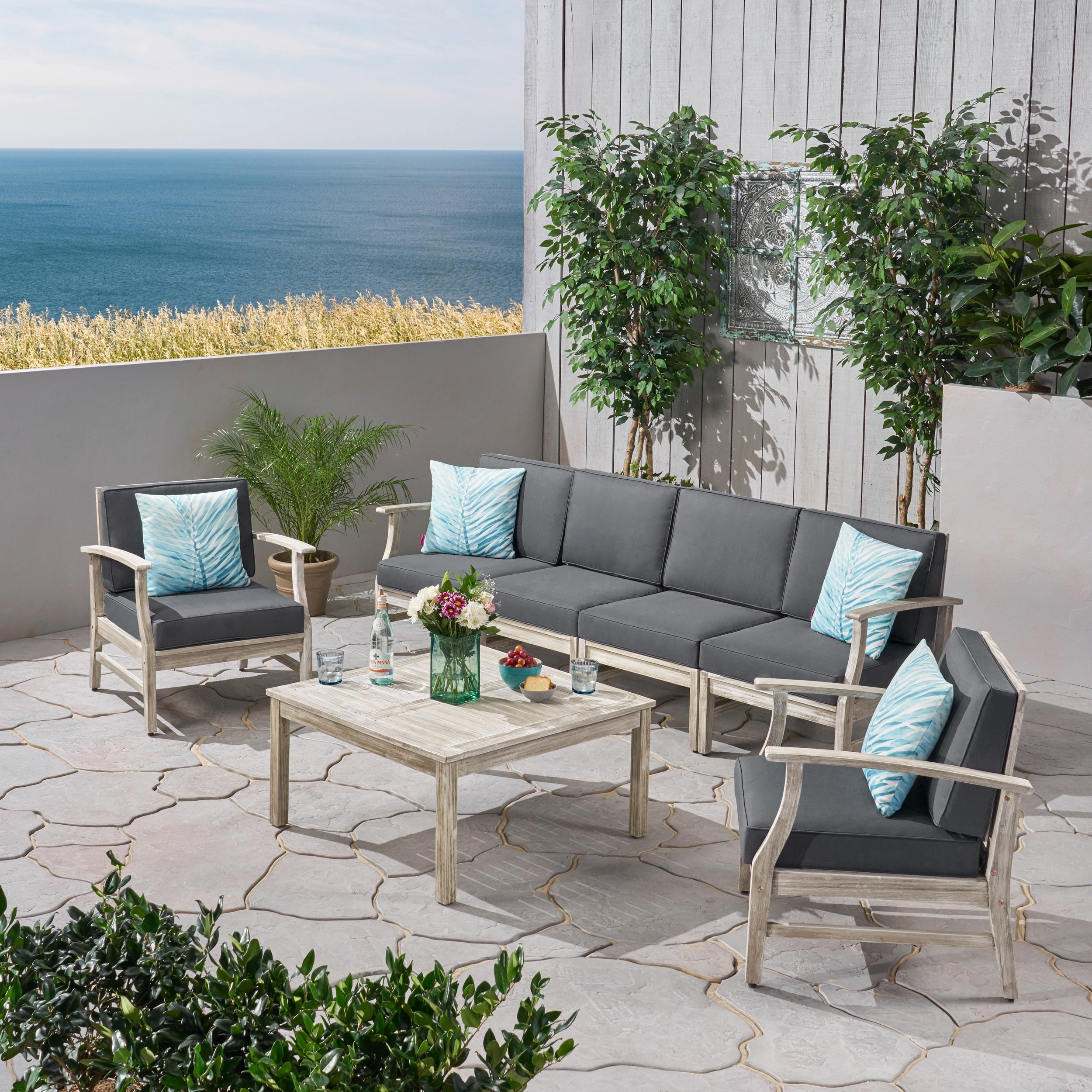 Lorelei Outdoor 7 Piece Acacia Wood 4 Seater Sofa And Club Chairs Set Light Gray And Dark Gray Walmart Com Walmart Com