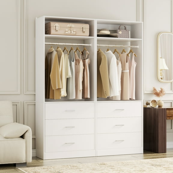 Aheaplus Set of 2 Closet Systems: 6 Wood Drawers   2 Hanging Rods   2 Shelves, Freestanding Walk-in Closet Organizer, 48x15x80 Inch, Heavy Duty, White