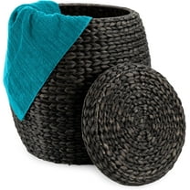 CZMJY Vintage Multipurpose Hyacinth Storage Basket, Plant Décor, Handwoven Organizer Tote for Bedroom, Living Room, Bathroom, w/Lid - Black