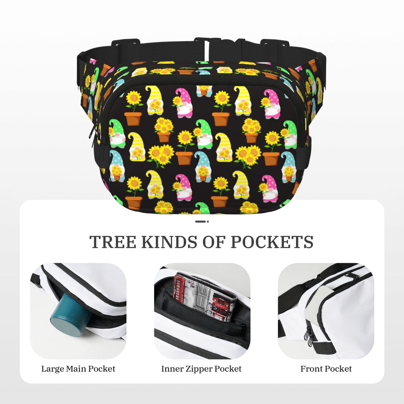 Picia Gnomes With Sunflowers Print Square Double-Layer Waist Bag Mini Adjustable Waist Belt Bag Exercise Running Travel Hiking