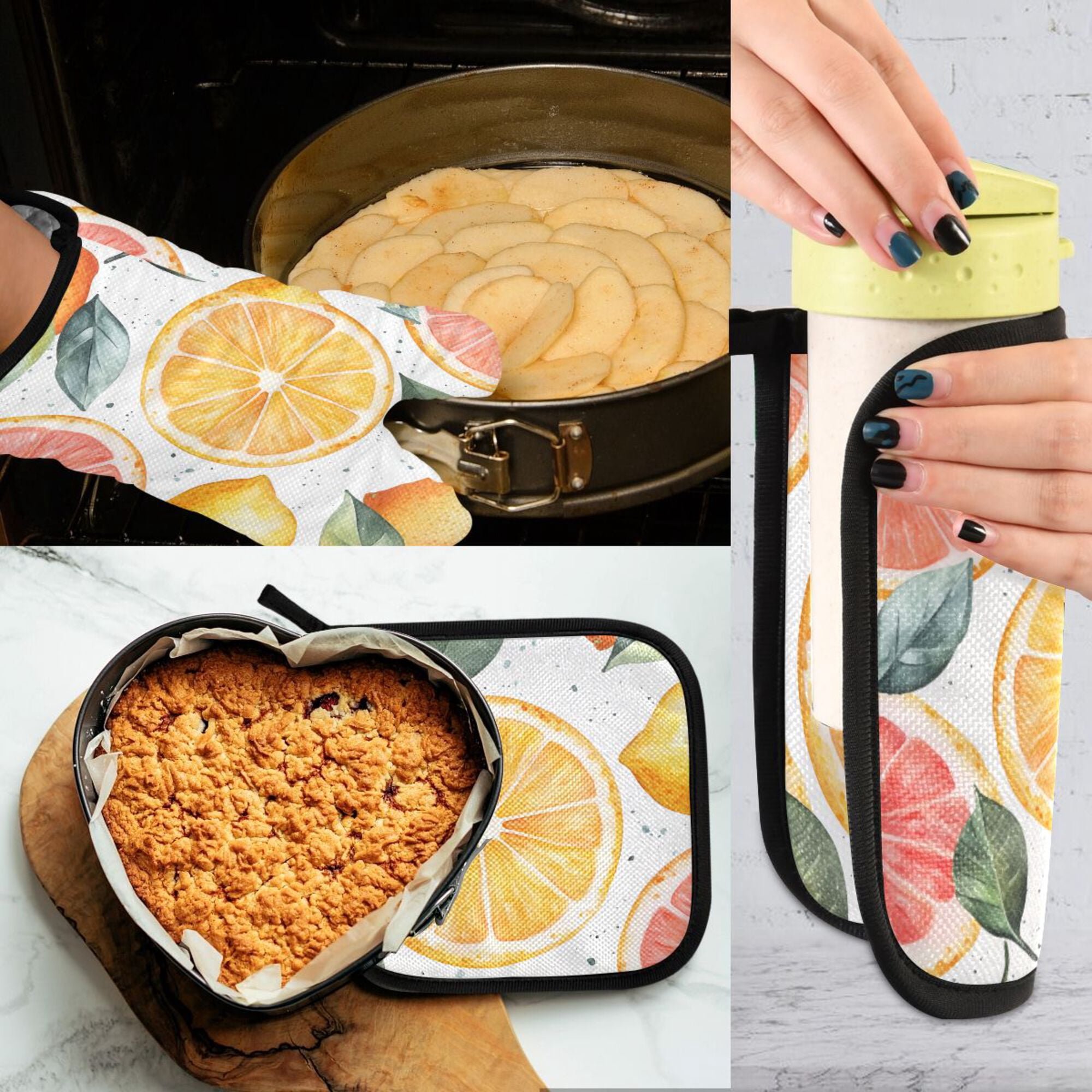Yayeee Oven Mitts and Pot Holder Set of 4 Heat Resistant Kitchen Gloves Baking Hot Pad, Candy Lemon Slices