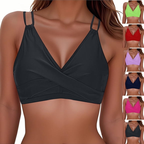 ZHYou Womens Twist Front V Neck Bikini Tops,Push Up Padded Swimsuit Lace Up Criss Cross Back Bathing Suits Tops,Black,Size L