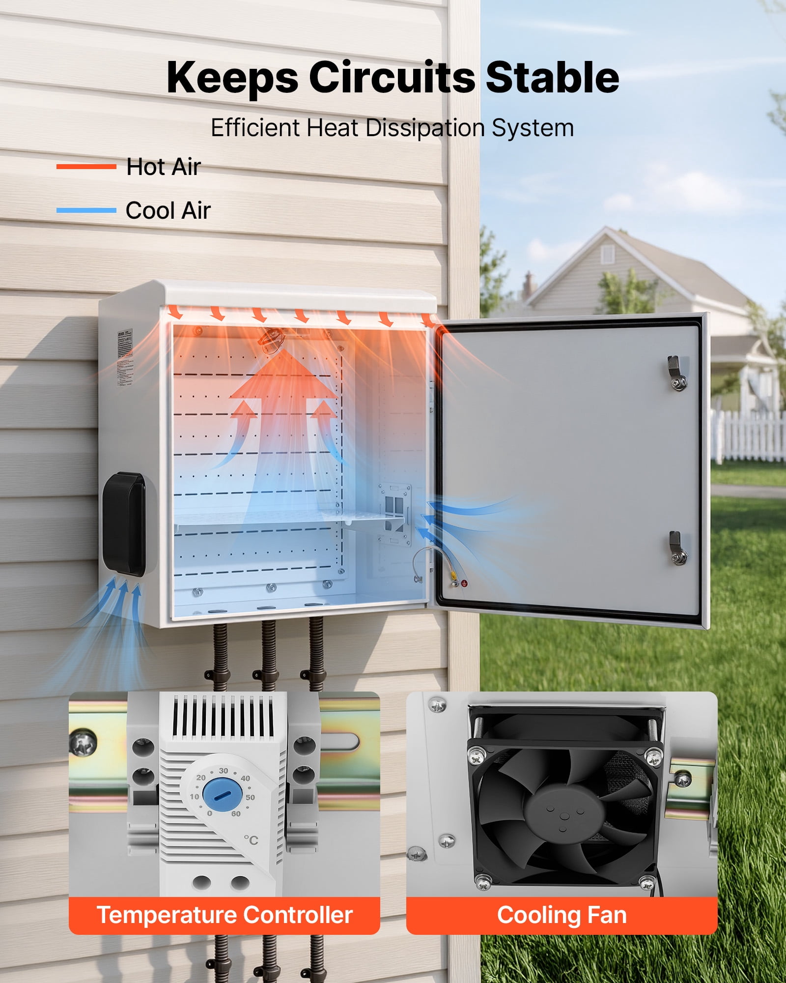 VEVOR Outdoor Electrical Box, Cold-Rolled Steel, Electrical Junction Box with Thermostat and Fan, Rain Hood, Ventilated Design, IP65 Waterproof Hinged Enclosure, Wall/Pole Mounted, 24 x 24 x 12 in