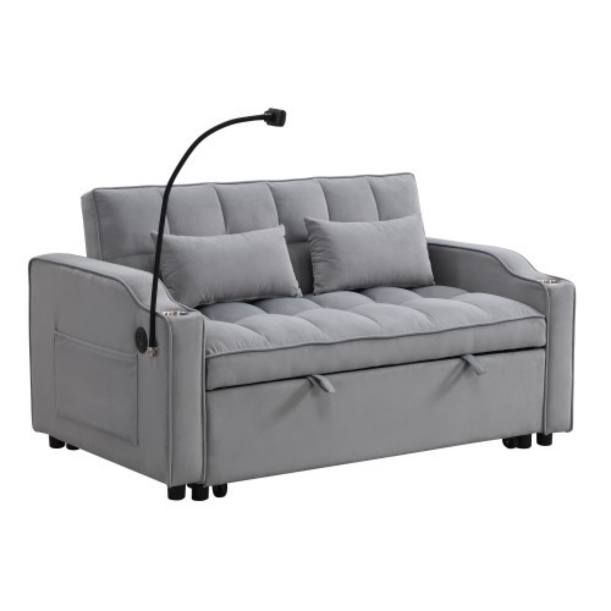 Velvet Loveseat Sofa Bed, 3-in-1 Convertible Sleeper Couch with USB Ports & Pullout Bed, Light Gray