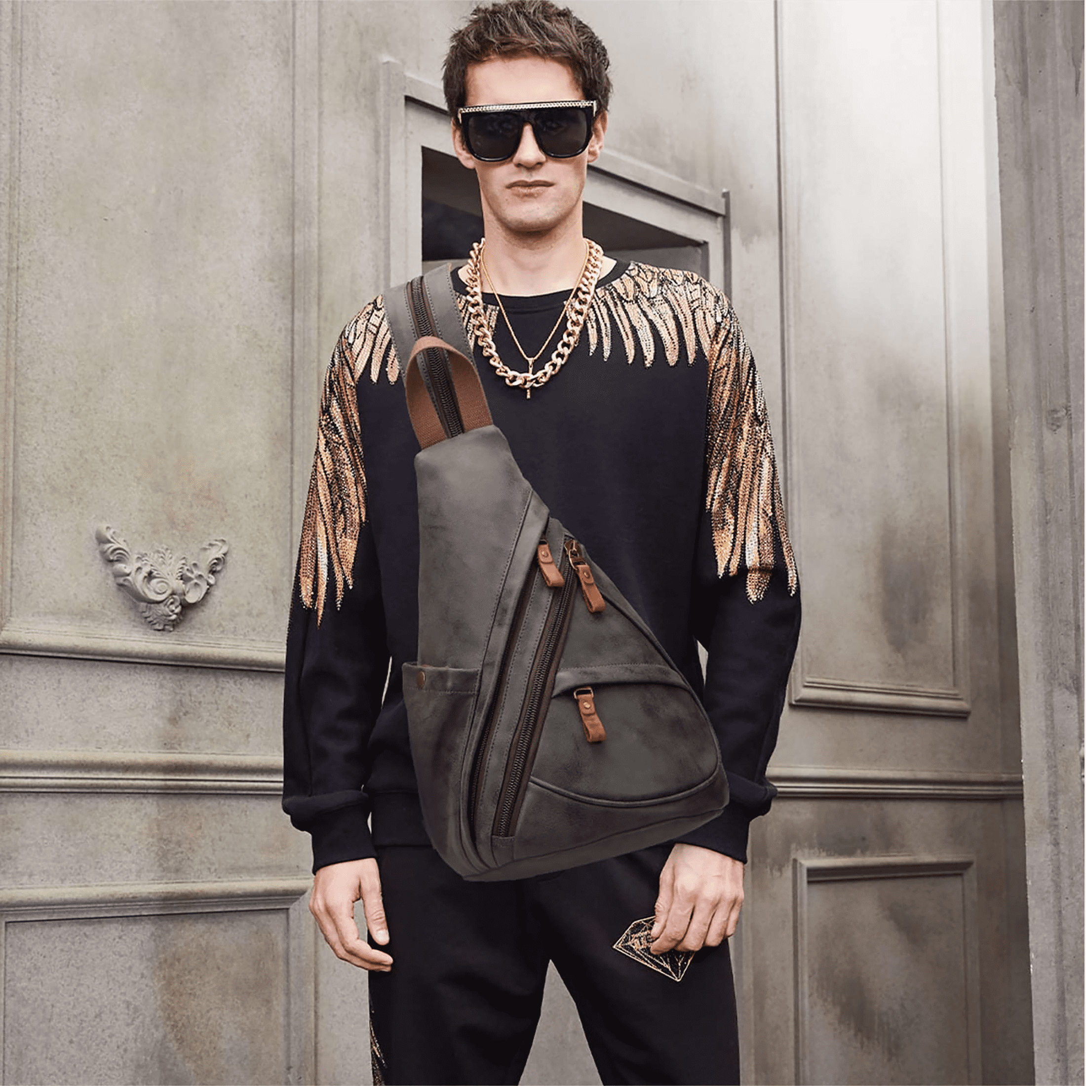 KL928 Vintage Leather Fanny Packs,Multi-pockets Sling bag for Men and Women,Black