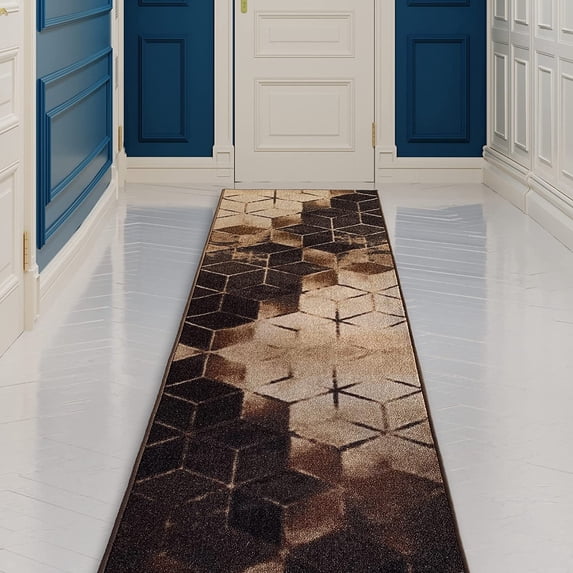 Custom Size Runner Rug Cubes Abstract Design Brown Color 26 or 31 inch Wide Pick Your Length Non-Slip Rubber Backing