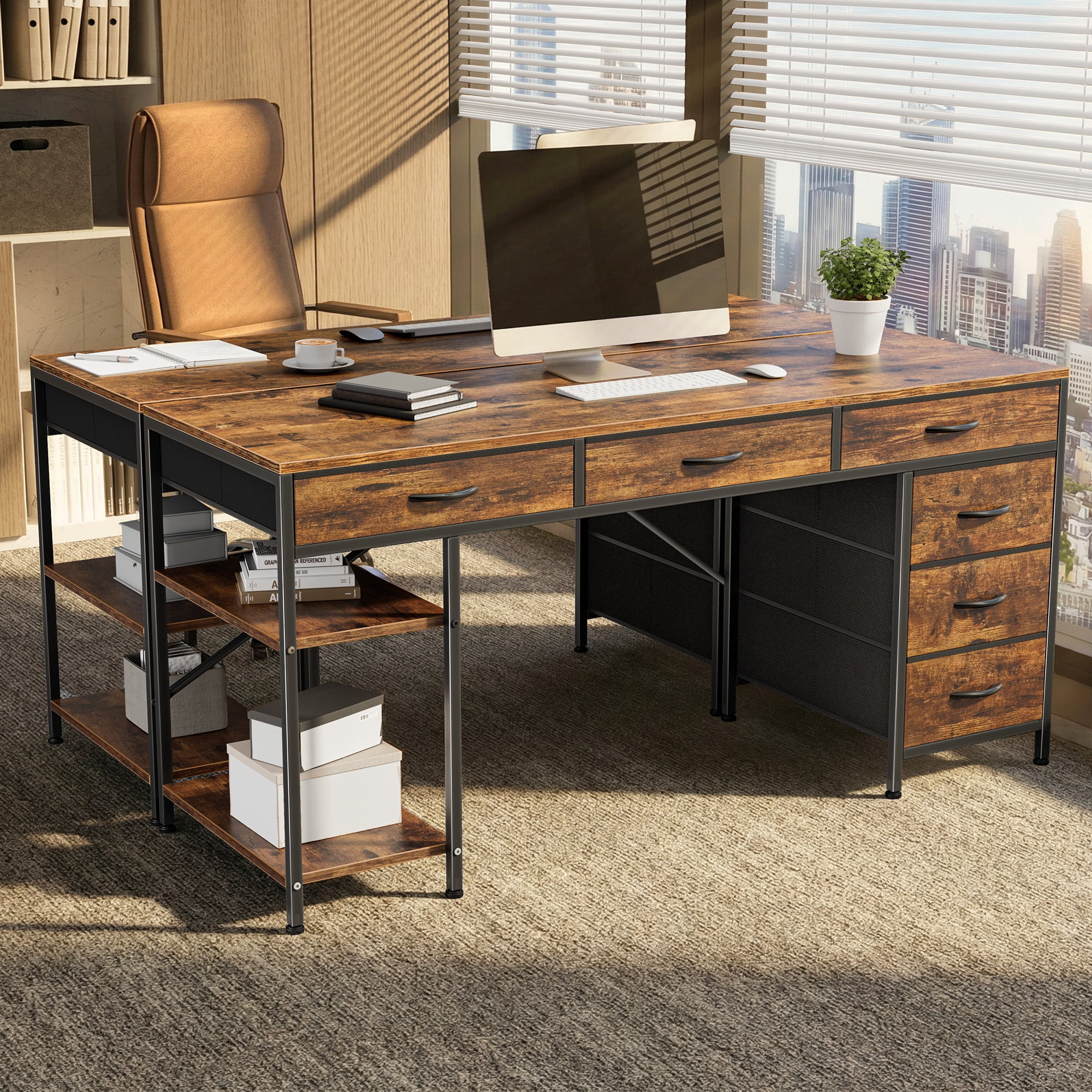 Amadwell 47" Desk with Drawers & Storage, Office Desk with Reversible Shelves, Gaming Computer Desk, Brown