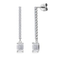 Gem Stone King 14K White Gold White Lab Grown Diamond Long Liner Dangle Earrings for Women | 1.66 Cttw | Gemstone April Birthstone | Emerald Cut 6X4MM | White Gold Chain Drop Earrings