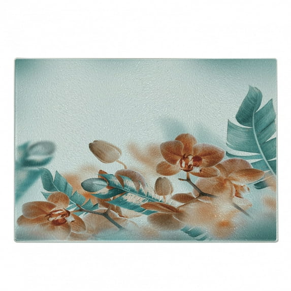 Tropical Cutting Board, Exotic Orchids Blossom Leaves on Blurred Background Floral Themed Modern Art, Decorative Tempered Glass Cutting and Serving Board, Small Size, Orange and Teal, by Ambesonne