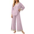 thumbnail image 2 of YYDGH Pajamas Sets for Women Two Piece Lounge Outfits Lace Trim V Neck Top Long Sleeve Tops and Wide Leg Pants Sleepwear Loungewear Nightwear Suit, 2 of 7