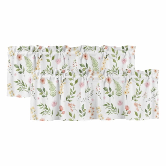 Pink Green Botanical Curtain Valances for Windows, Kitchen Valance Window Treatments Panel 2 Pack, Spring Watercolor Floral Leaf Plant Rod Pocket Short Curtains for Bathroom Bedroom 42 x 12 Inch