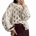 thumbnail image 2 of Women'S Casual Solid Color Crochet Knit Sweater Long Sleeve Beach Vacation Pullover Top White M, 2 of 9