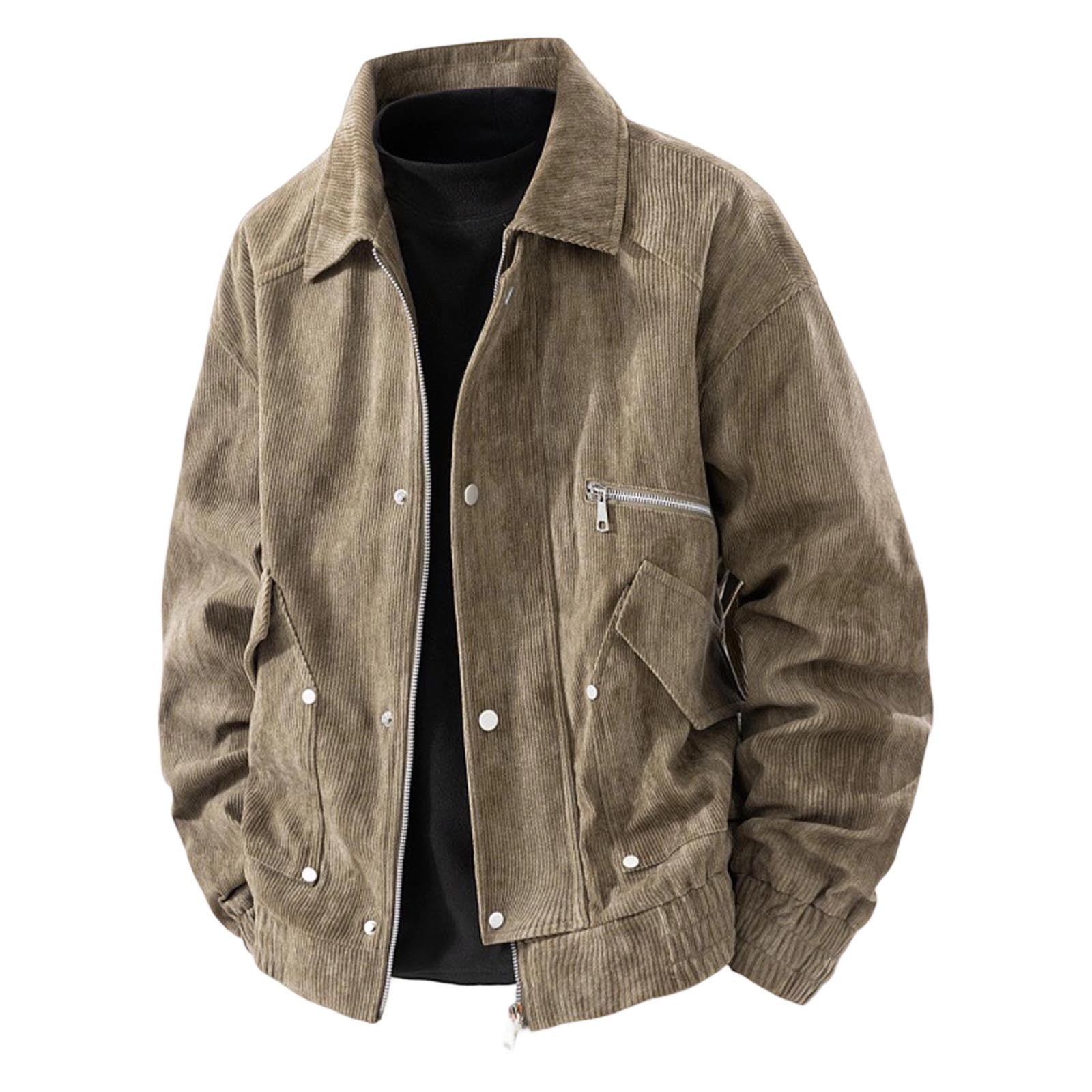 Men's Long Sleeve Lapel Zipper Work Jacket with Corduroy, Vintage