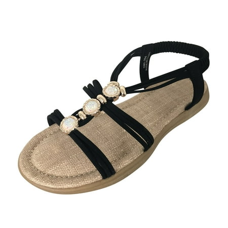 

simu Women s Sandals Comfortable Ladies Fashion Summer Rhinestone Elastic Band Flat Roman Sandals Sandals Shoes Casual