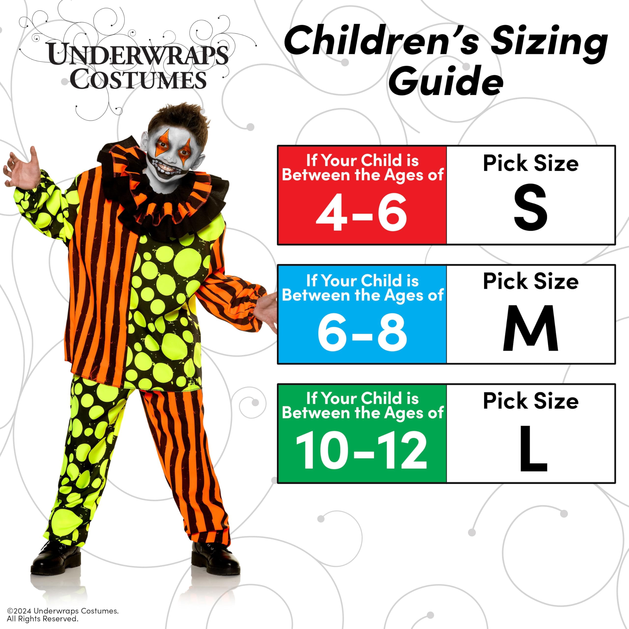 UNDERWRAPS Blacklight Glow Scary Clown Costume - Nightlight Glow in the Dark Kids Halloween Black Light Reactive Clown (Small (4-6))