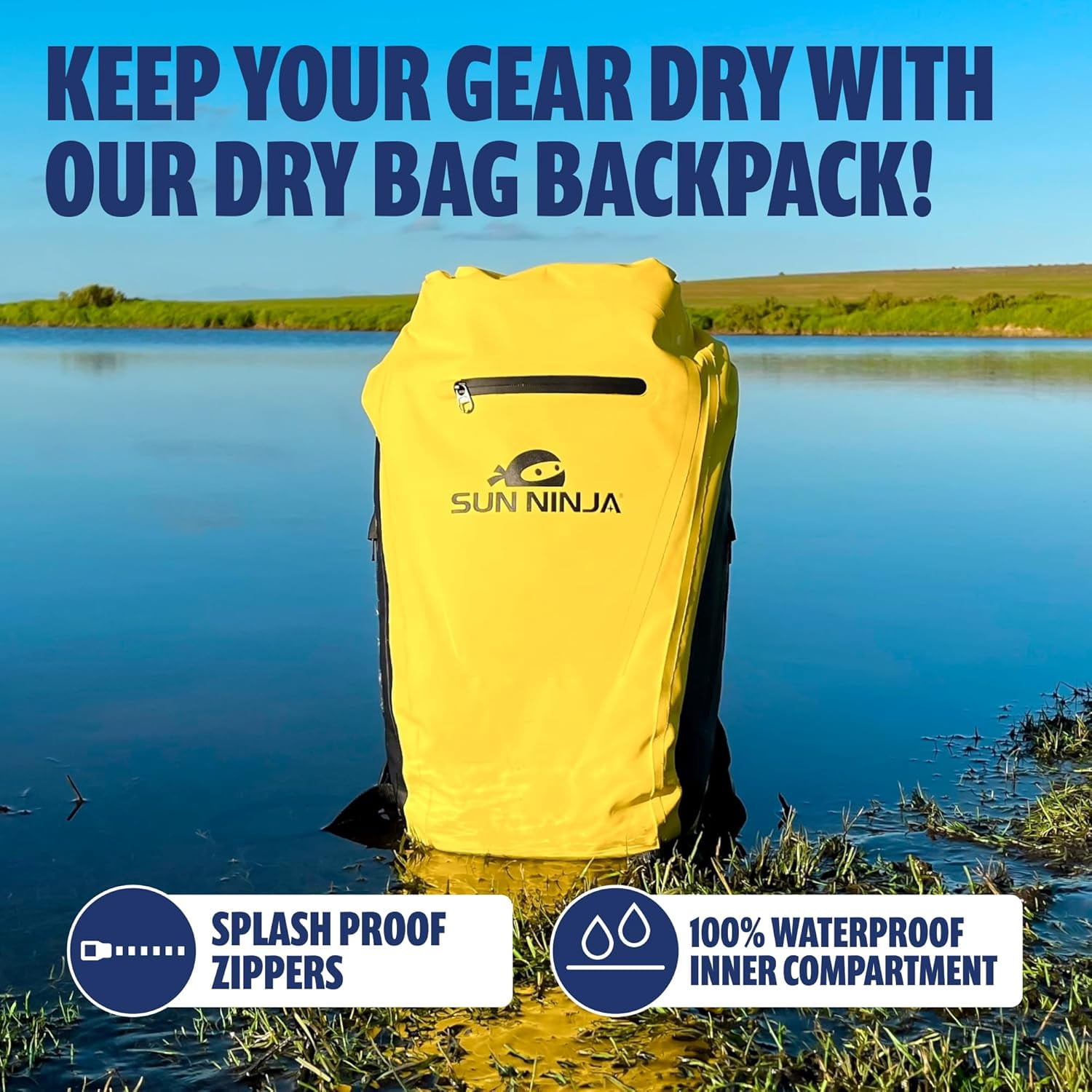 SUN NINJA Dry Bag Backpack, Waterproof Floating Drybag for Kayaking & SUP, Dry Bags Waterproof Backpack for Men & Women, Dry Sack Waterproof Bag, 20L Capacity - Yellow