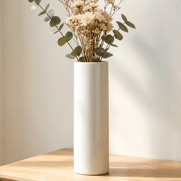 12-Inch White Ceramic Textured Vase for Modern Minimalist Home Decor