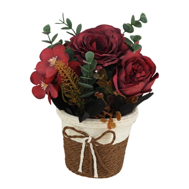 Lote mínimo de 12 macetas Rosa de té de otoño Rosa de eucalipto lazo de copo de nieve cesta de flores de paja flor artificial bonsái pequeño rojo oscuro ANGGREK Otros