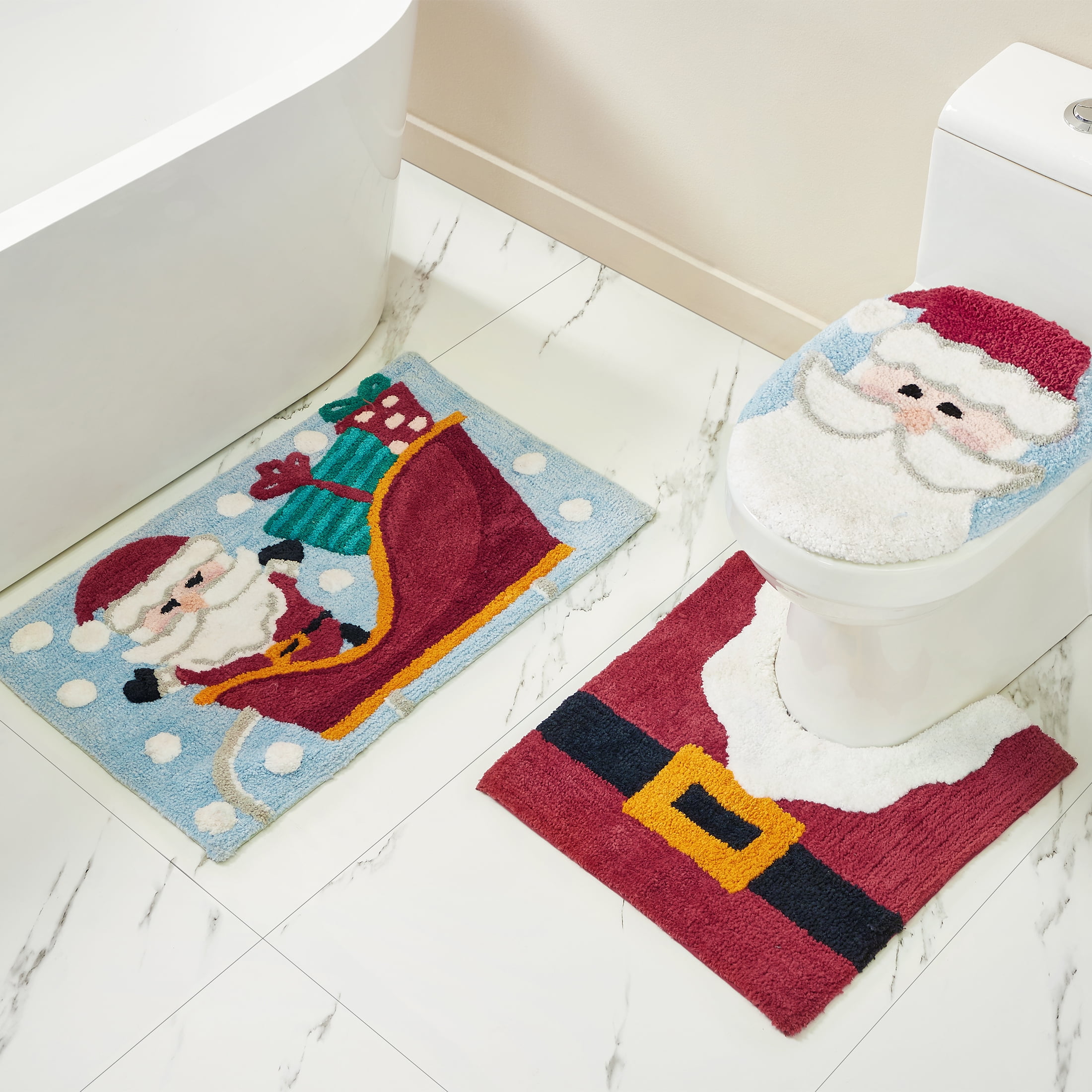 3pcs Christmas Decoration Toilet Seat Cover And Bathroom Rug Happy Elf Decor C