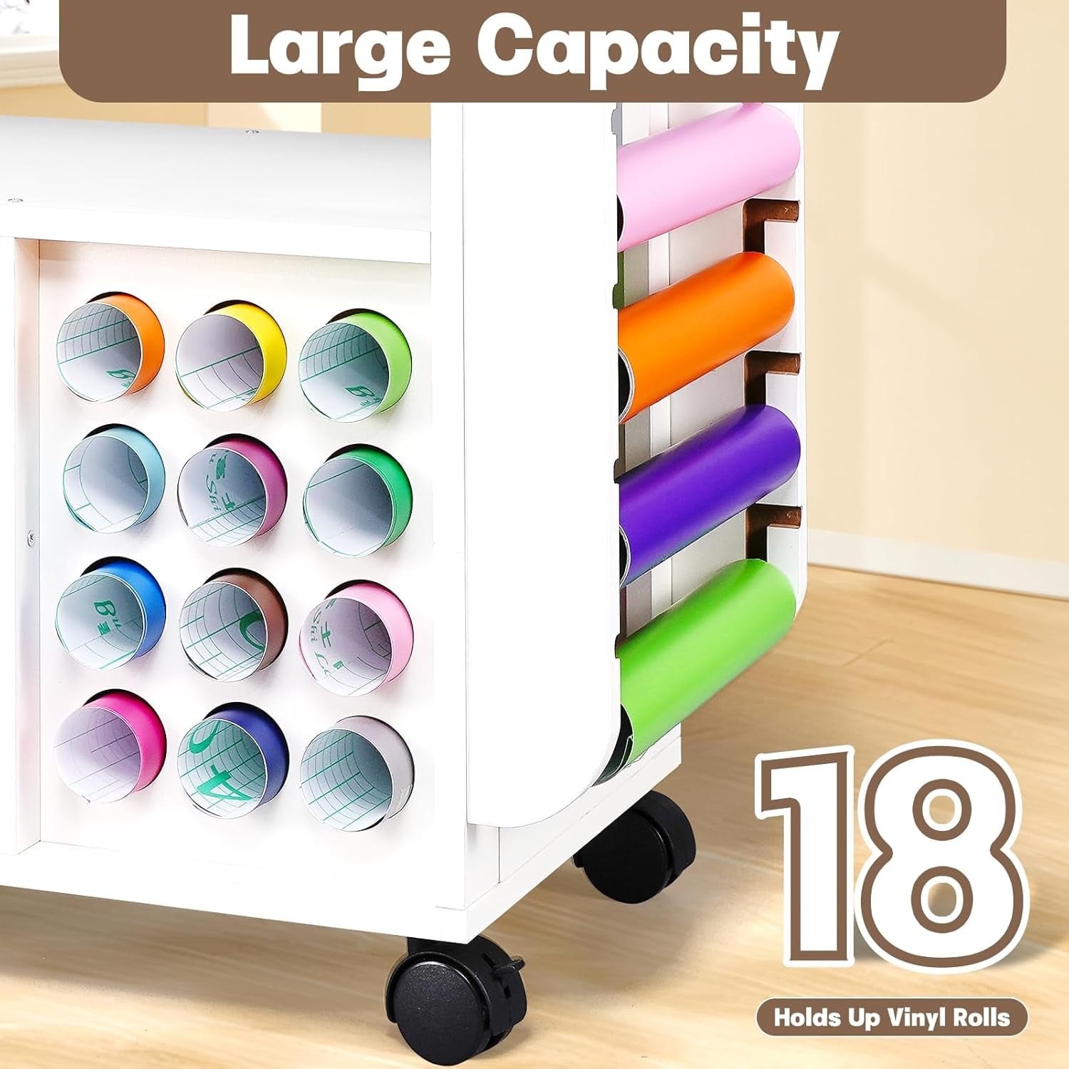 POCHAR Craft Storage Rolling Cart with 18 Vinyl Roll Holder and Drawer for Cricut Craft Workstation