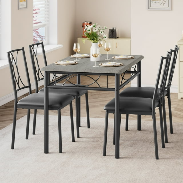 Towallmark Modern 5-Piece Kitchen Dining Set for 4 – Compact Rectangular Table & Padded Chairs, Sturdy Metal/MDF Build, Ideal for Small Spaces & Apartment Living – Rustic Grey