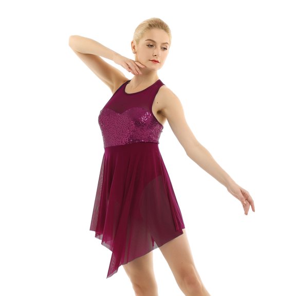 YiZYiF Womens Sparkly Sequins Ballet Gymnastics Leotard Asymmetric Lyrical Modern Dancewear