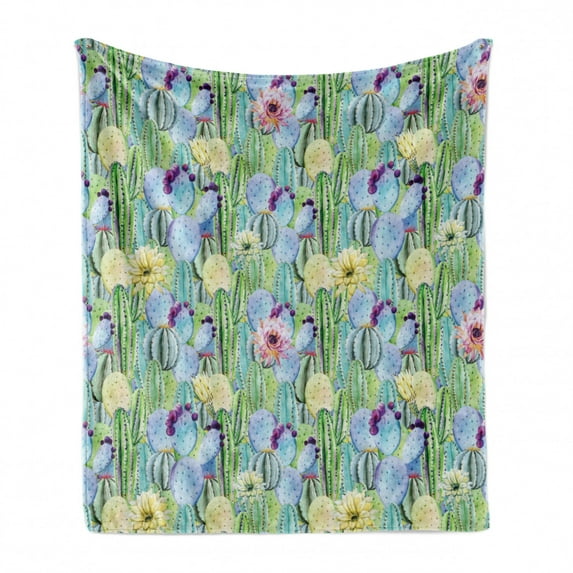 Cactus Soft Flannel Fleece Blanket, Types of Cactus Plant Pattern with Flowers and Buds Fruits Nature Artwork Image, Cozy Plush for Indoor and Outdoor Use, 60" x 80", Green and Blue, by Ambesonne