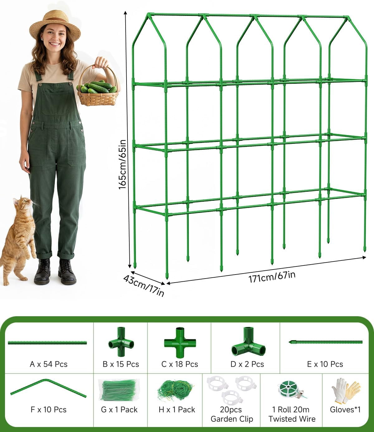 65" Cucumber Trellis for Climbing Plants Outdoor, Metal Garden Trellis for Raised Bed, Plant Support Structures with Netting for Cucumbers Tomatoes Beans Peas (67 * 17 * 65inch(L*W*H), Trellis)