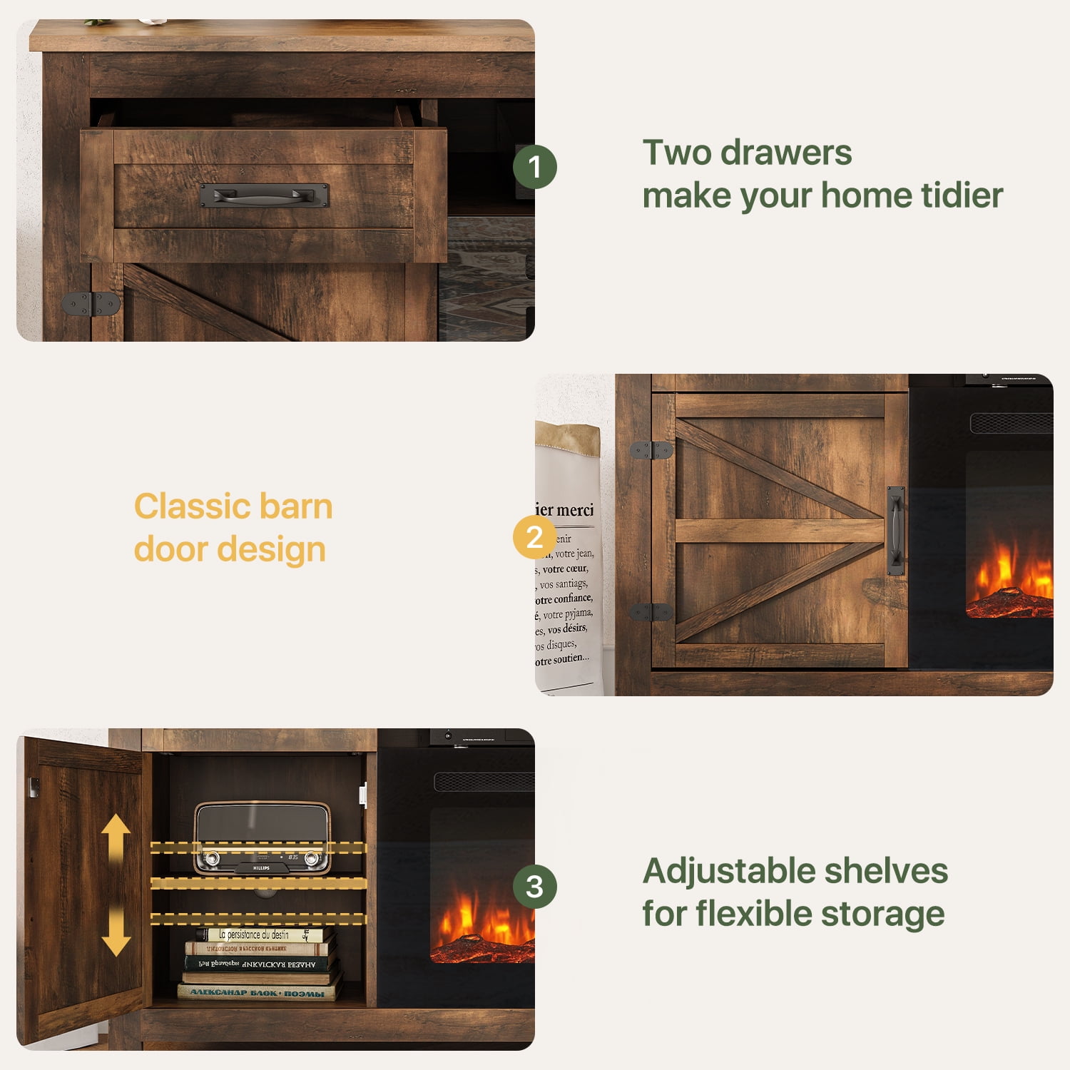 BaPiPro 70" Electric Fireplace TV Stand, Farmhouse Entertainment Center for TVs up to 80" with Storage Drawers, Rustic Brown