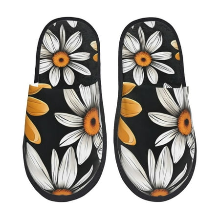 Balery Yellow White Daisy Pattern Slient Indoor Furry Fleece Comfort House Shoes Soft Non-Slip Home Shoes Cotton slippers House Slippers-- Large