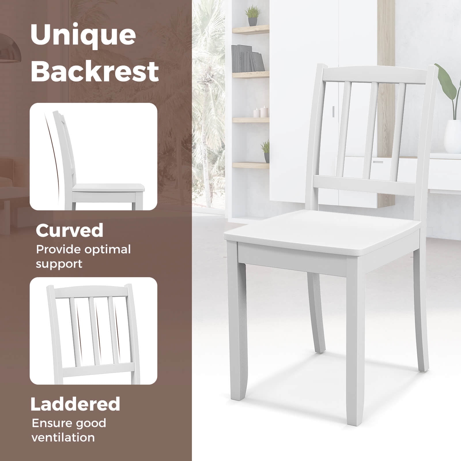 Costway Wood Dining Chair Set of 2 with Rubber Wood Legs Curved Backrest for Kitchen White