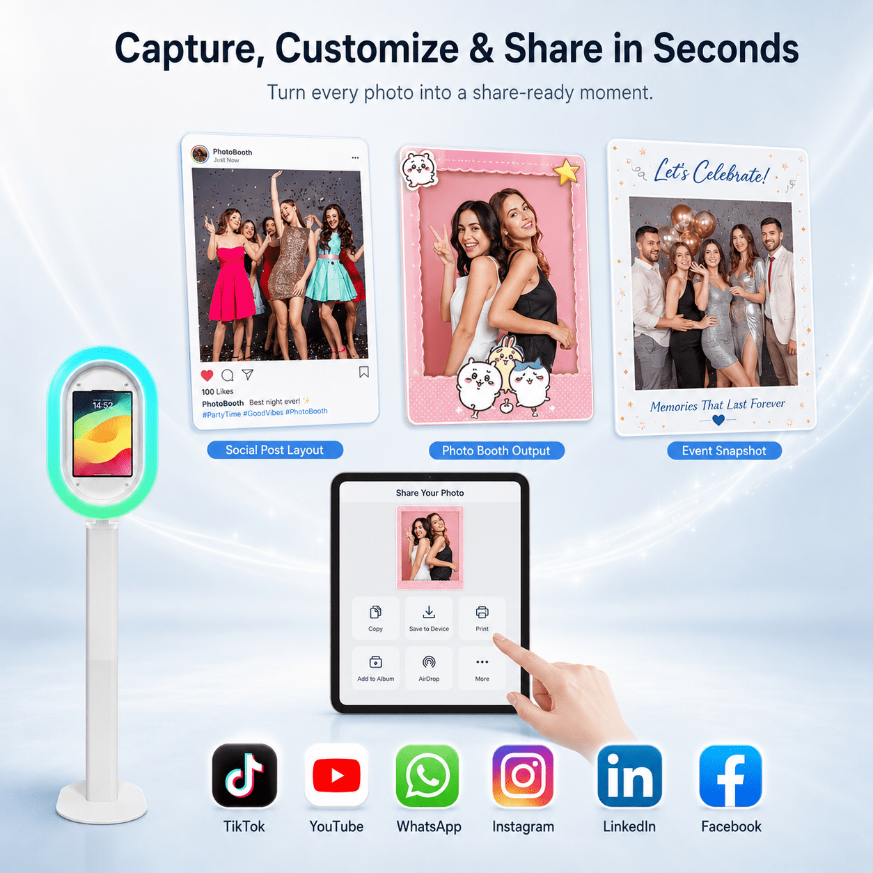 Portable iPad photo booth with flight case, metal selfie stand, and RGB ring light, perfect for parties, weddings, and rental businesses - compatible with 10.2-inch to 13-inch iPads.