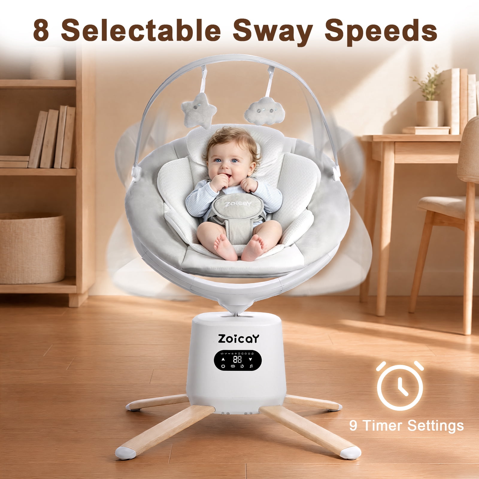 Zoicay Baby Swing, Infant Swing with 8 Motions & 8 Speeds, 360° Rotating Seat, Bluetooth Music & 6 Preset Melodies, APP Remote Control, White