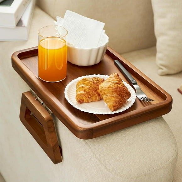Wood Sofa Armrest Tray -Wooden Side Tables for Small Spaces for Eating and Drink (Rectangular, Acacia)